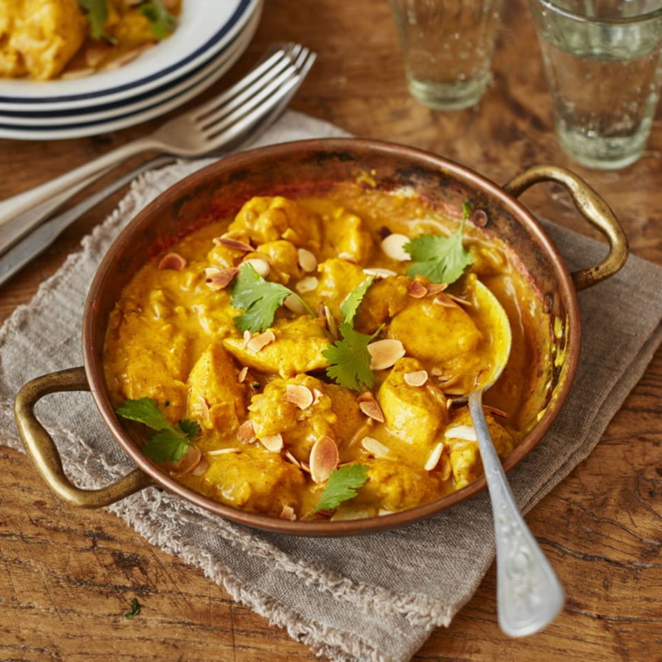 Indian chicken curry in a copper pan, garnished with cilantro and sliced almonds.