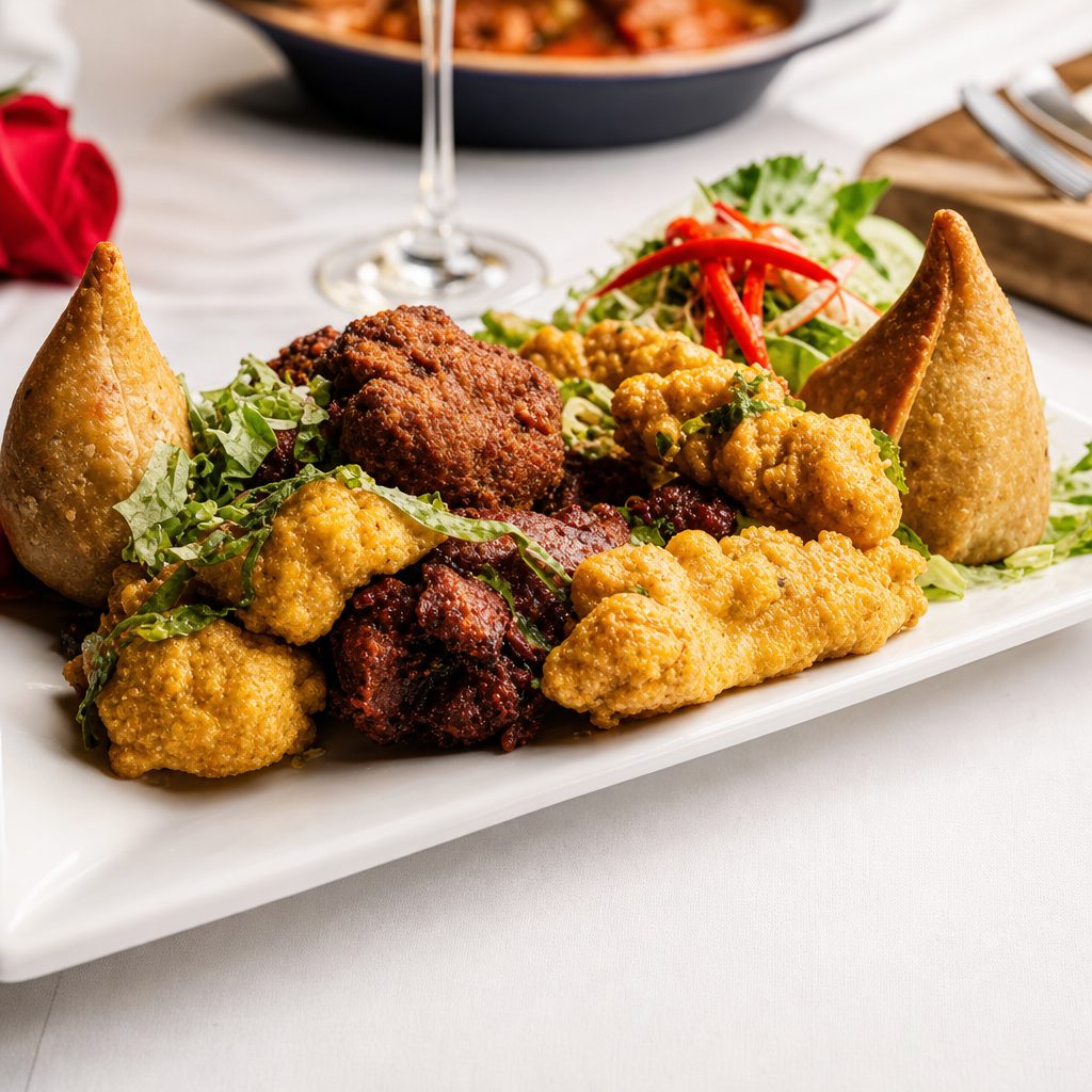 Special Appetizer Platter- Meat samosa (2) veg samosa (2) chicken pakora (6).