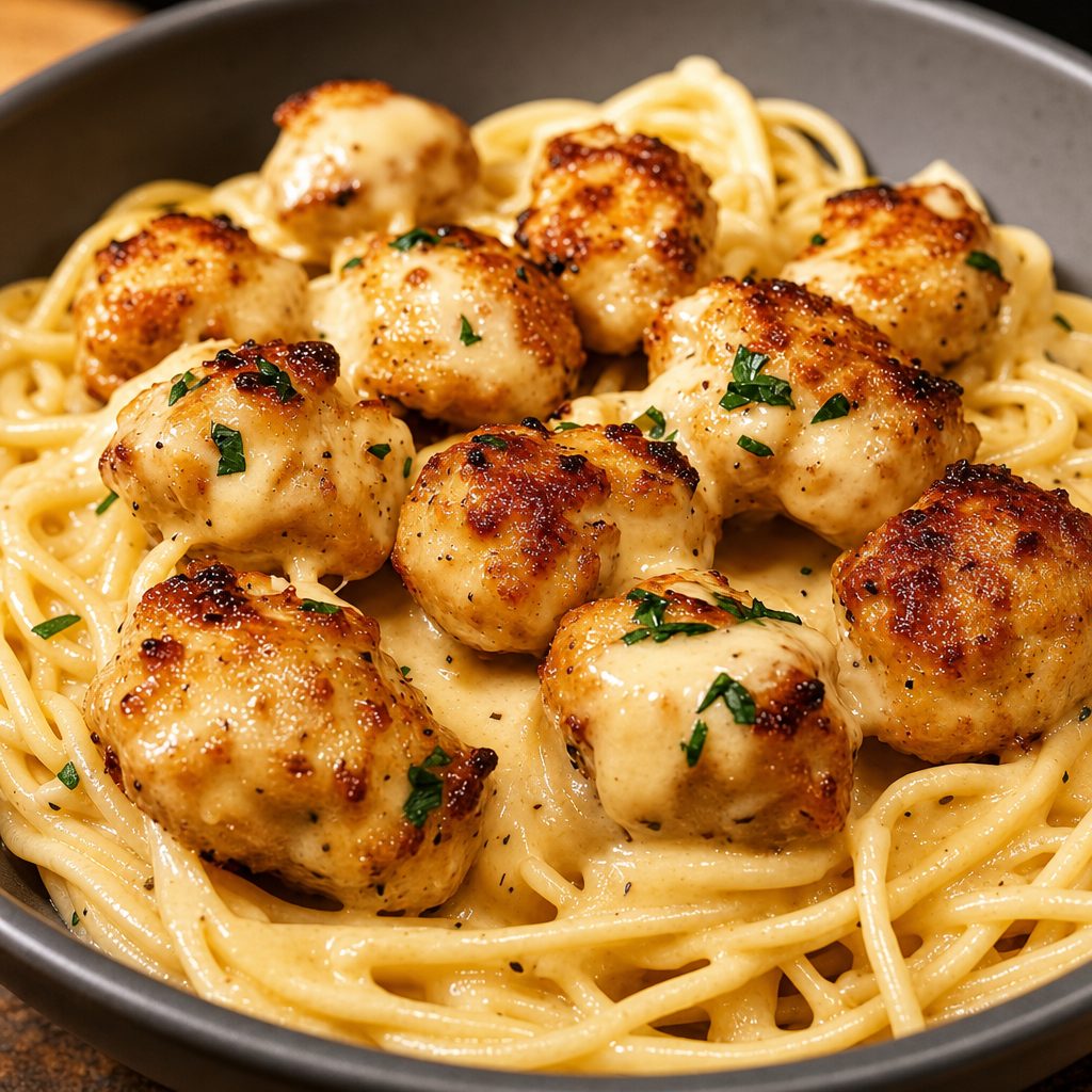 Garlic Butter Chicken Bites with Creamy Parmesan Pasta.