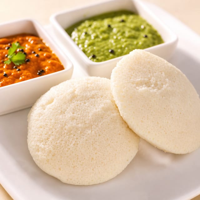Idli (4) w/ three Chutneys - Vegan.
