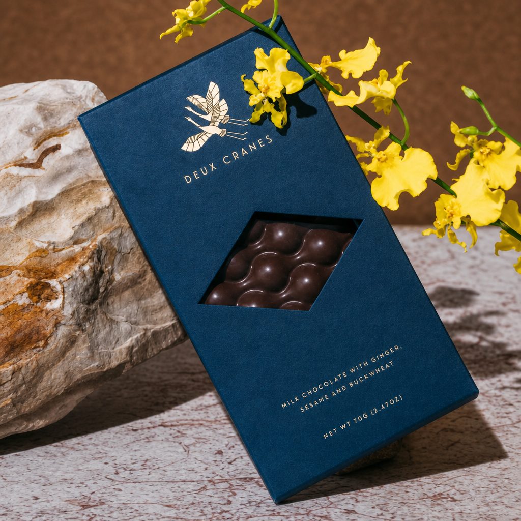Deux Cranes Milk Chocolate with Ginger Sesame and Buckwheat.