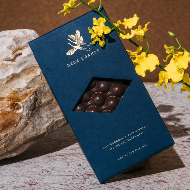 Deux Cranes Milk Chocolate with Ginger Sesame and Buckwheat.