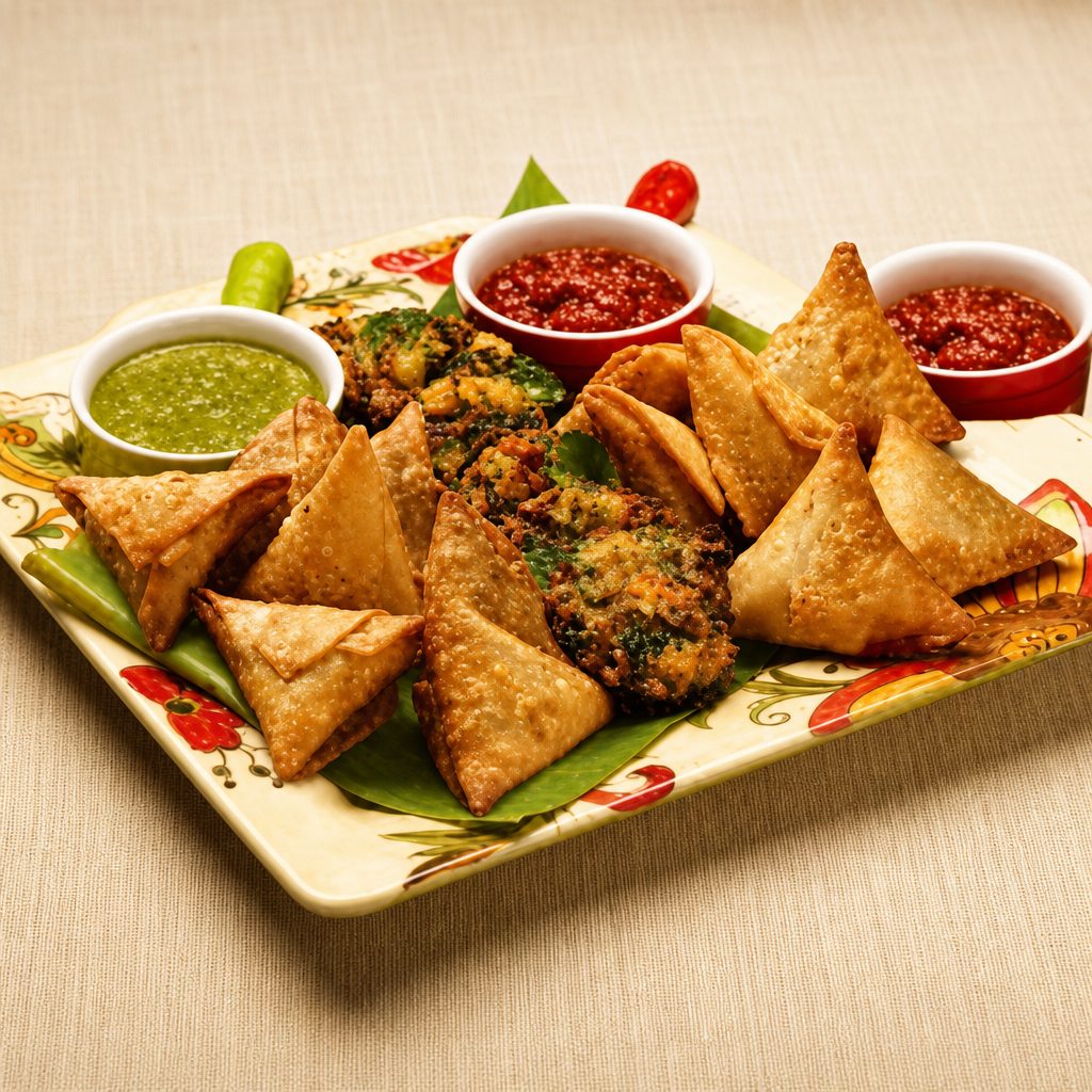 Samosa Sampler Basket - Veg (2) + Chicken (2) + Meat (2).