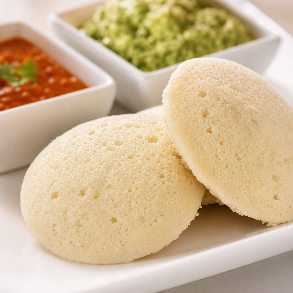 Idli (4) with Chicken Curry (Halal) – Non vegan.