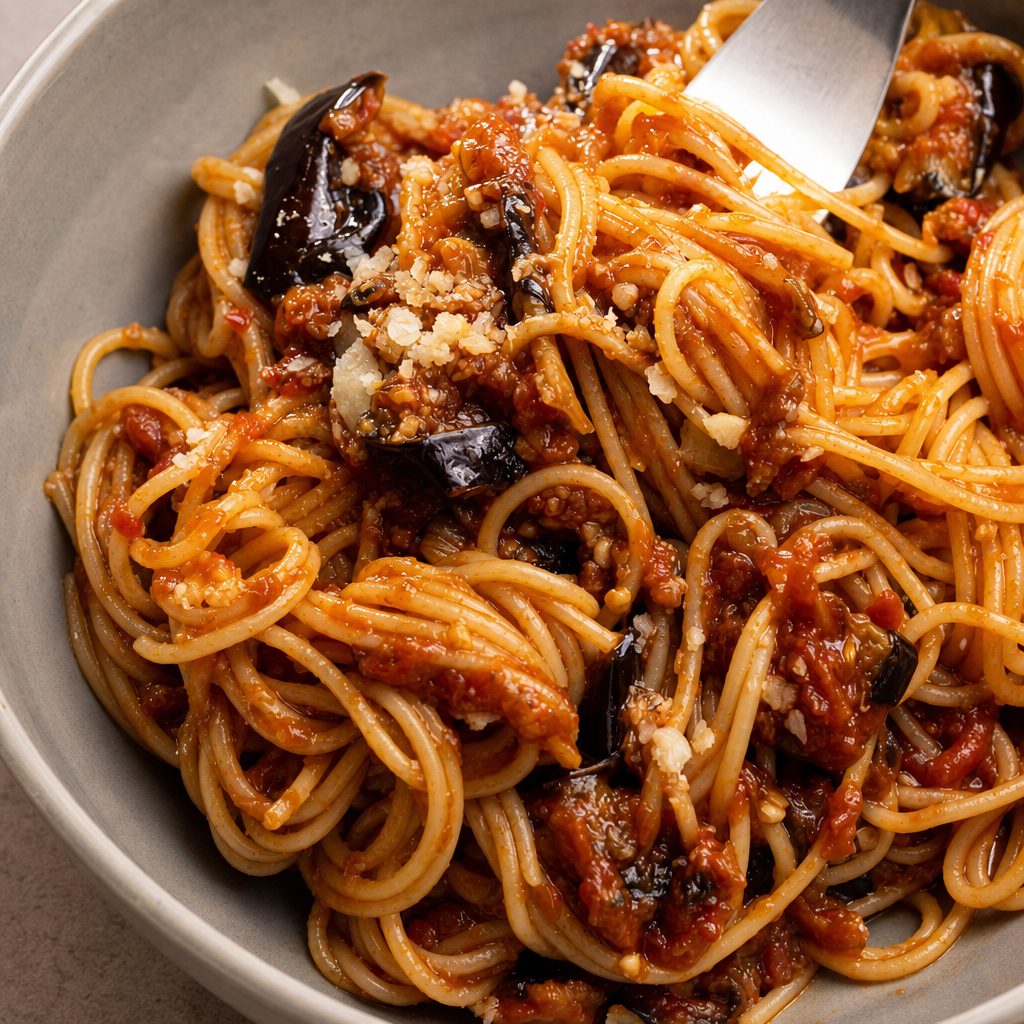 Baingan Bharta Spaghetti - Smoked Eggplant Mash w/Spices in pasta.