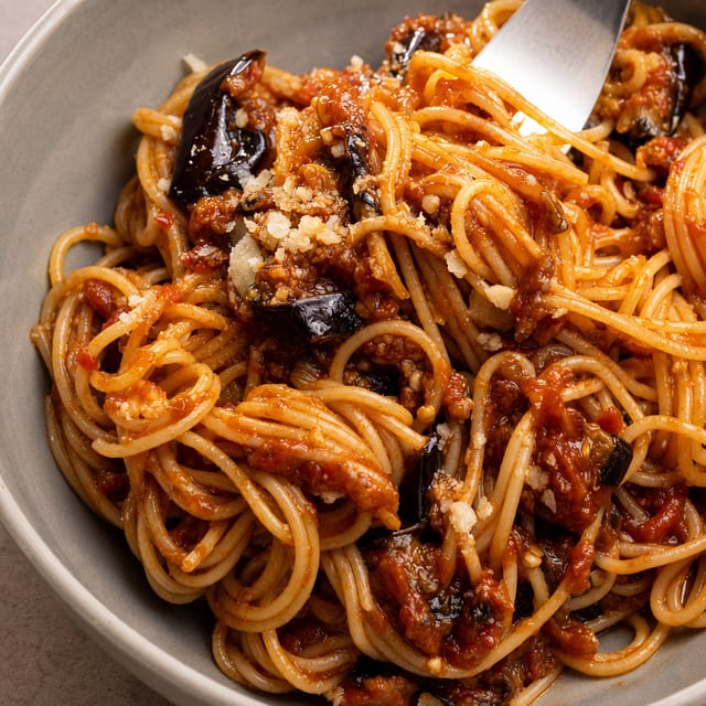 Baingan Bharta Spaghetti - Smoked Eggplant Mash w/Spices in pasta.