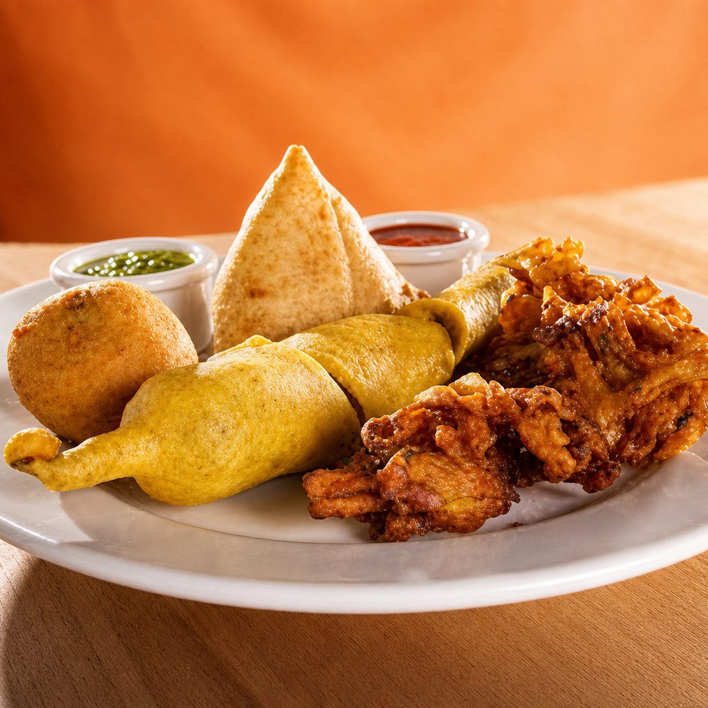 Veg Appetizer Platter -Veg samosa (2) Veg pakora (6) Dal vada (2).